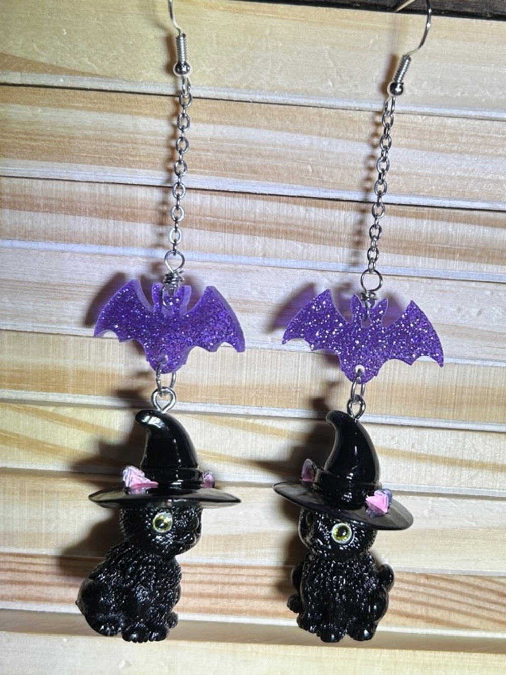 3/$25 Purple Bat & Black Witch Cat Dangle Earrings